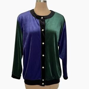 Vintage Blast Jacket Top Womens Large Velour Green Purple Colorblock Button Up